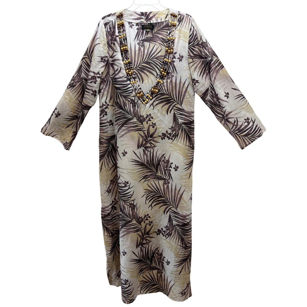 Athena Cotton Silk Leaf Print Maxi Kaftan Deep V Beaded Neckline L Lightweight